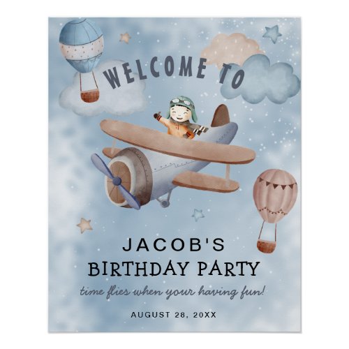 Watercolor Airplane Boy Birthday Party Welcome Poster