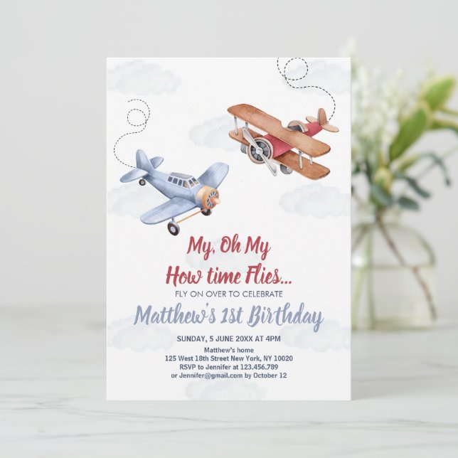 Watercolor Airplane Clouds Boy 1st Birthday Invitation (Standing Front)