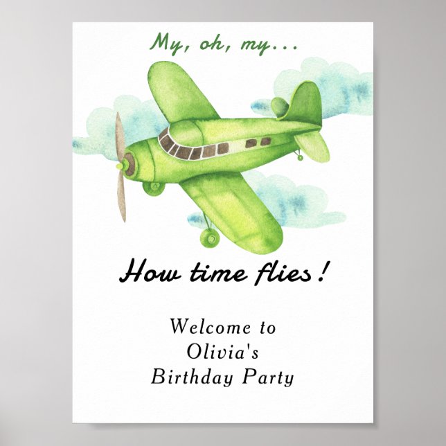 Watercolor Airplane Kids Birthday Poster (Front)