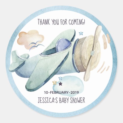 Watercolor Airplane Party Blue Classic Round Sticker