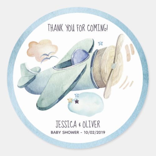 Watercolor Airplane Party in Blue Classic Round Sticker