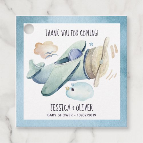 Watercolor Airplane Party in Blue Favor Tags