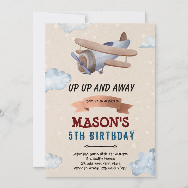 Watercolor airplane party invitation (Front)