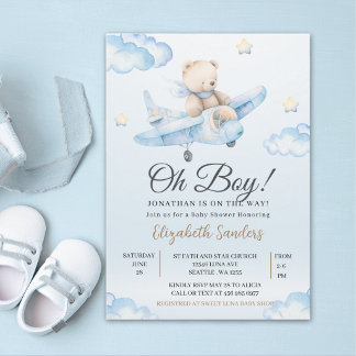 Watercolor Airplane Teddy Bear Baby Shower Invitation
