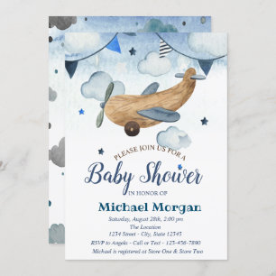 Watercolor Airplane Toy,Stars,CloudsBaby Shower Invitation
