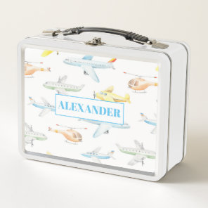 Watercolor Airplanes, Helicopters and Planes Metal Lunch Box