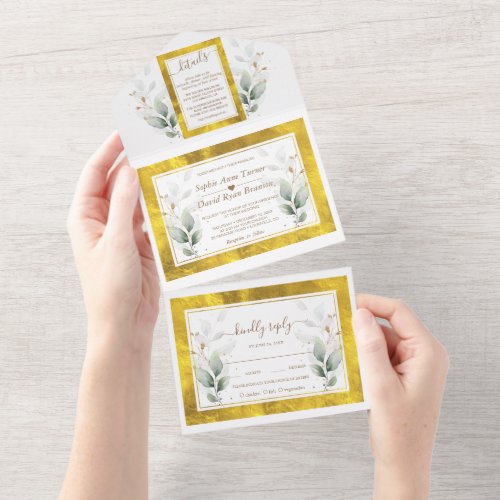 Watercolor Airy Greenery Gold Foil Wedding   All In One Invitation