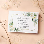 Watercolor Airy Greenery White Floral Wedding  Save The Date<br><div class="desc">Elegant card design featuring watercolour airy greenery,  white,  cream flowers,  faux gold frame,  on a white background. Use Personalise tool to add your info. For matching items,  please,  visit my White Ivory Flowers Collection.</div>