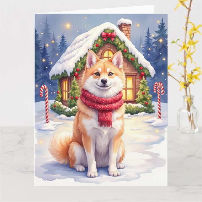 Watercolor Akita Gingerbread House Christmas  Card (Yellow Flower)
