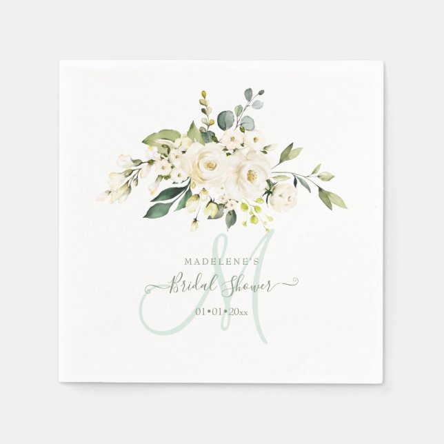 Watercolor Alabaster Rose Eucalyptus Bridal Shower Napkins (Front)