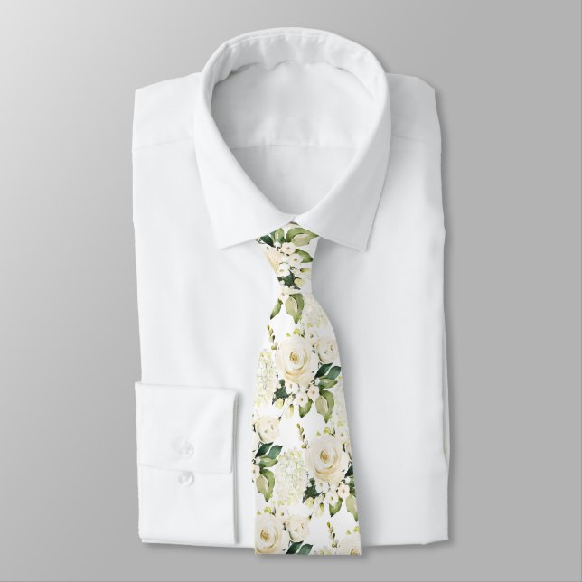 Watercolor Alabaster Roses Peonies Hydrangeas Neck Tie (Tied)