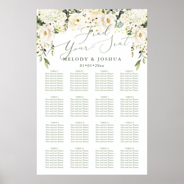 Watercolor Alabaster Roses Seating Chart (Front)