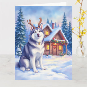 Watercolor Alaskan Malamute Reindeer Christmas Card