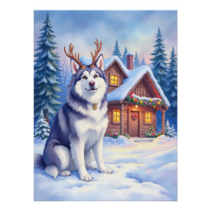 Watercolor Alaskan Malamute Reindeer Christmas Poster