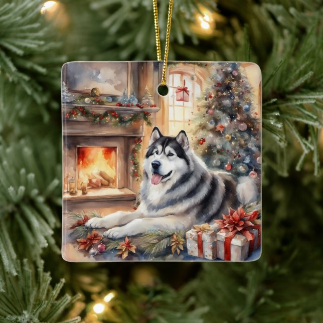 Watercolor Alaskan Malamute - Xmas Scene Ceramic Ornament (Tree)