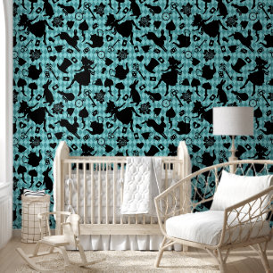 Watercolor Alice in Wonderland Sea Green Nursery Wallpaper