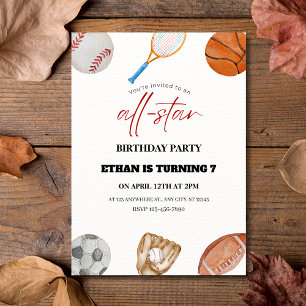 Watercolor All-Star Sports 7th Birthday Invitation