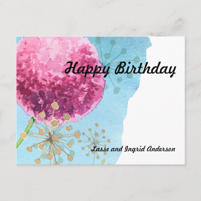 Watercolor Allium floral, Blue, Purple, Gold Postcard (Front)