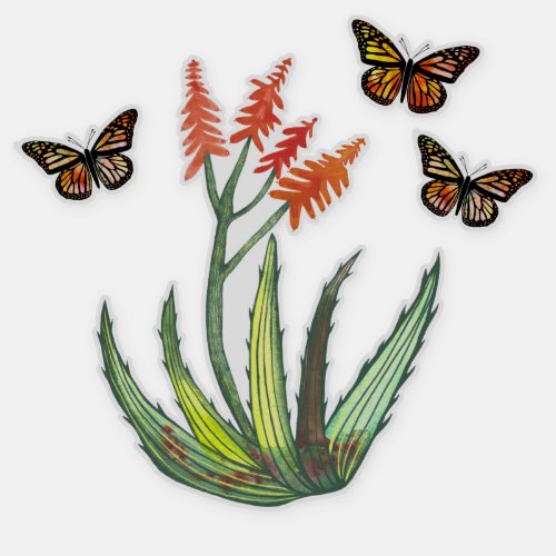 Watercolor Aloe Vera Succulent FLowers Butterflies Sticker