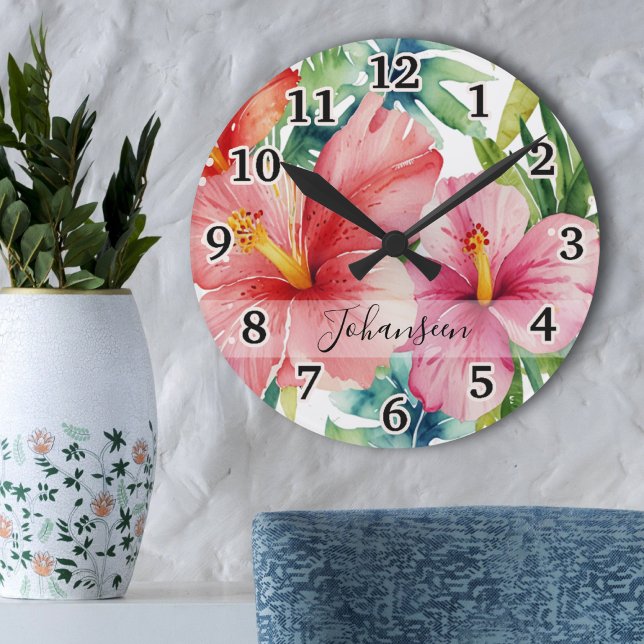 Watercolor Aloha Hawaiian Red Flowers Script Name Round Clock (Creator Uploaded)