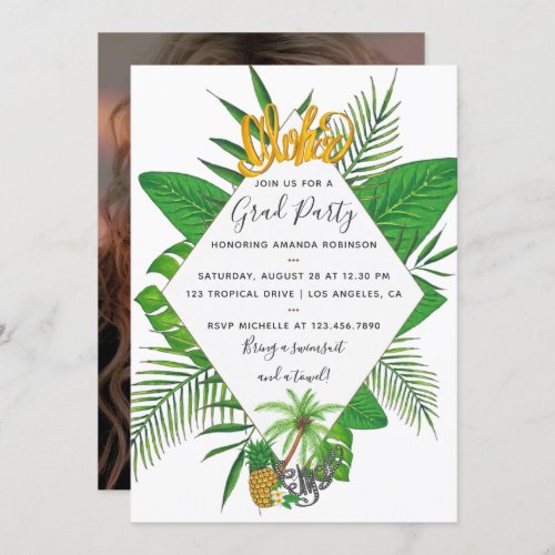 Watercolor Aloha Luau Graduation Party add photo Invitation