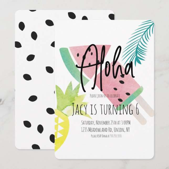 Watercolor Aloha Watermelon Pineapple Tropical Invitation (Front/Back)