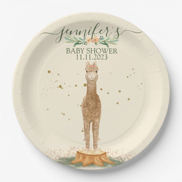 Watercolor Alpaca Baby Shower Animal Paper Plates