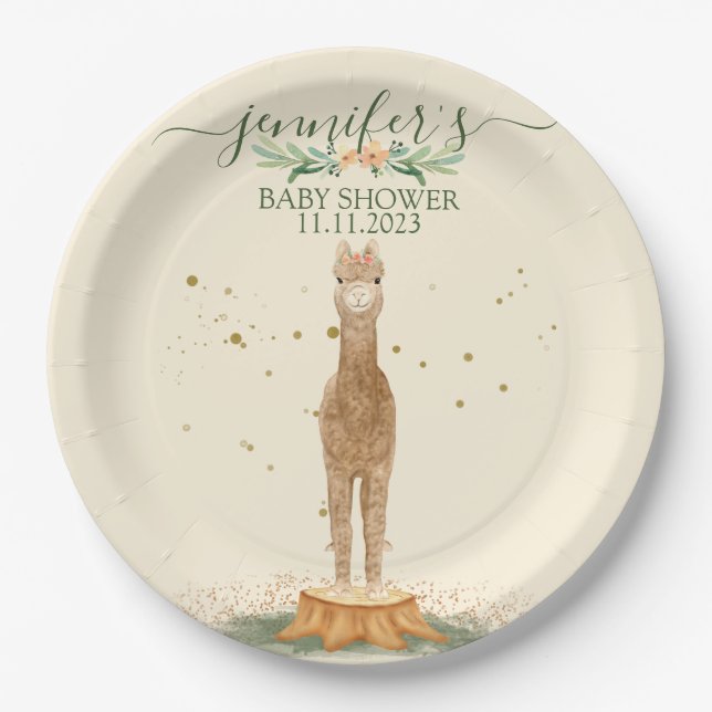 Watercolor Alpaca Baby Shower Animal Paper Plates (Front)