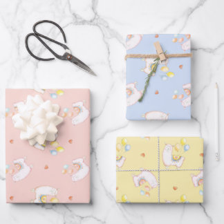 Watercolor Alpaca Birthday Pastel Balloons Pink Wrapping Paper Sheets