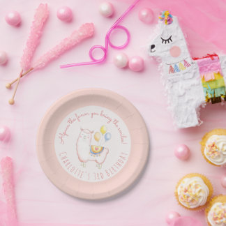 Watercolor Alpaca with Balloon Blush Pink Birthday Paper Plates