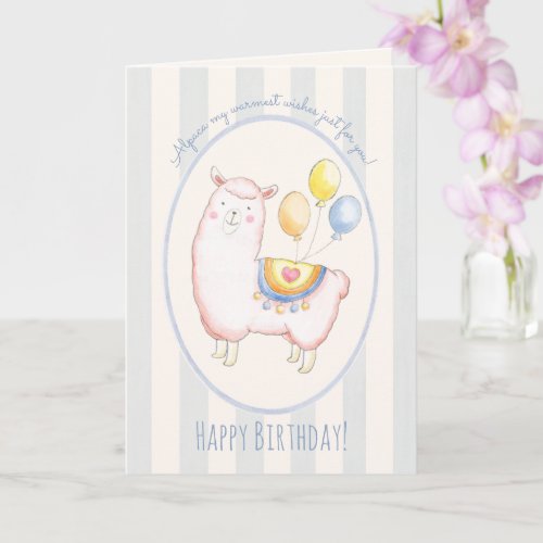 Watercolor Alpaca with Balloon Light Blue Birthday Card