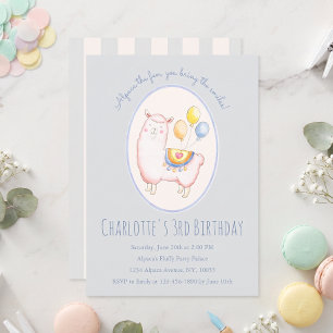 Watercolor Alpaca with Balloon Light Blue Birthday Invitation