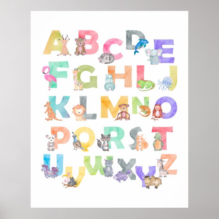 watercolor alphabet animals poster zazzlecom