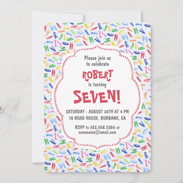 Watercolor alphabet custom kids birthday invitation (Front)