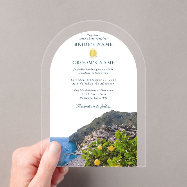 Watercolor Amalfi Coast Arch Italy Lemons Wedding Acrylic Invitations (Insitu (Handheld))