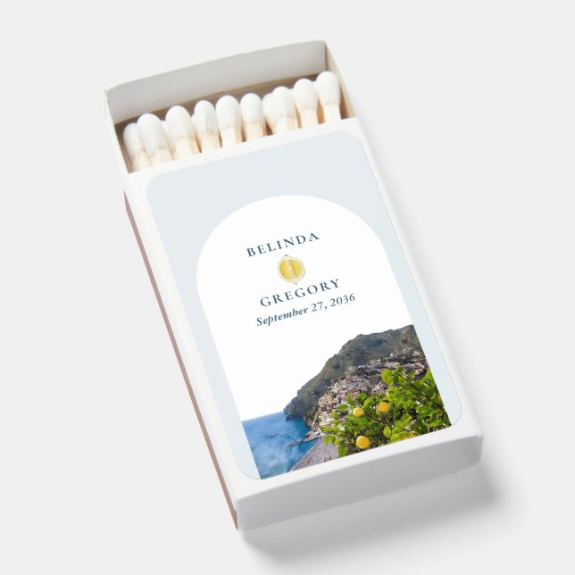 Watercolor Amalfi Coast Arch Italy Lemons Wedding Matchboxes (Front Open)