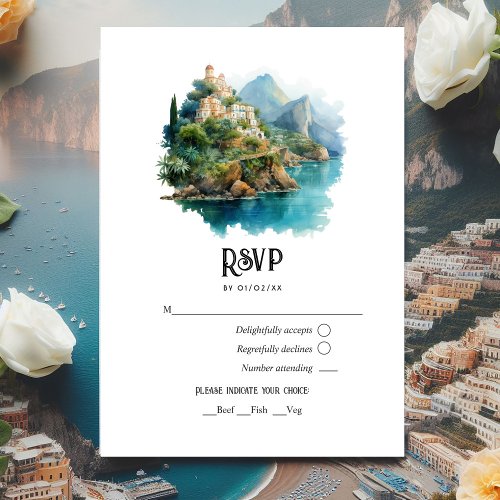 Watercolor Amalfi Coast Italy Destination Wedding RSVP Card