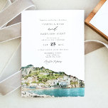 Watercolor Amalfi Coast Italy Skyline Wedding Invitation<br><div class="desc">This wedding invitation features a watercolor painting of the Amalfi Coast skyline. Easily edit *most* wording to meet your event needs. Change the background color and add your own photo to the backside if you like.</div>