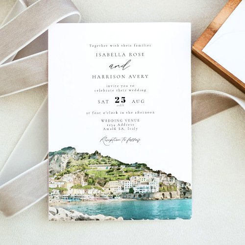 Watercolor Amalfi Coast Italy Skyline Wedding Invitation