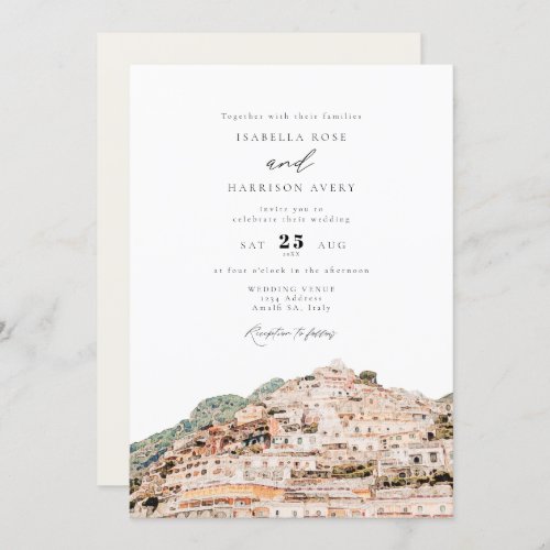 Watercolor Amalfi Coast Italy Skyline Wedding Invitation