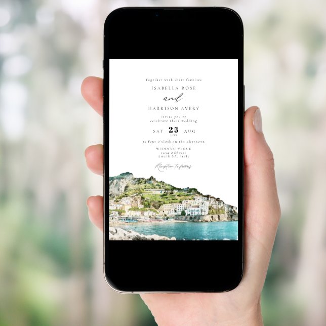 Watercolor Amalfi Coast Italy Skyline Wedding Invitation (Front Digital)