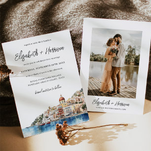 Watercolor Amalfi Coast Italy Wedding Photo Invitation