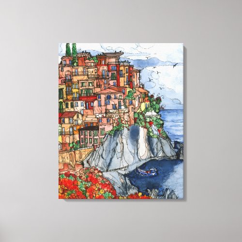 Watercolor Amalfi Coast of Italy  Scene Canvas Print