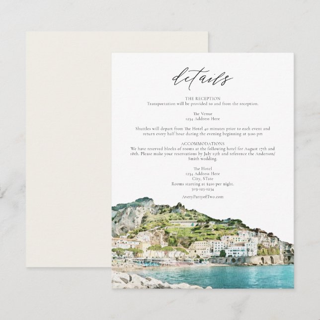 Watercolor Amalfi Coast Skyline Event Details Card (Front/Back)