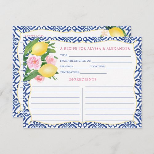 Watercolor Amalfi Lemons Blue Tiles Recipe Card