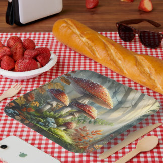 Watercolor Amanita Mushrooms Forest Foliage Art Paper Plates