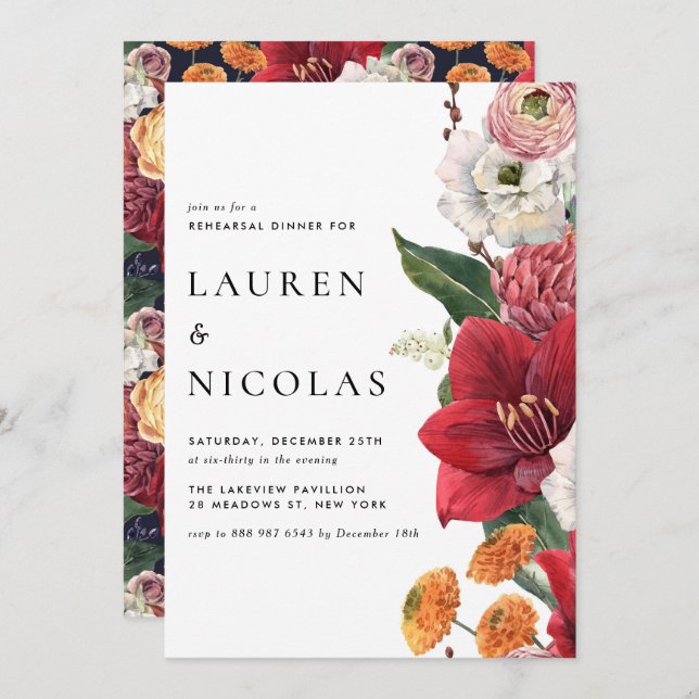 Watercolor Amaryllis Botanical Rehearsal Dinner Invitation (Front/Back)