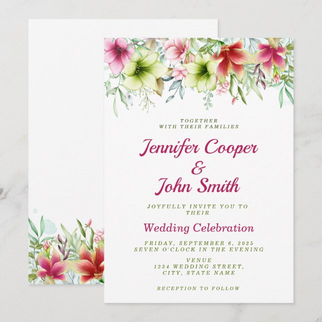 Watercolor Amaryllis Floral Spring Wedding Invitation (Front/Back)