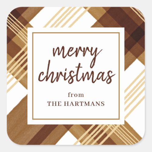 Watercolor Amber Gold Plaid Merry Christmas Name   Square Sticker