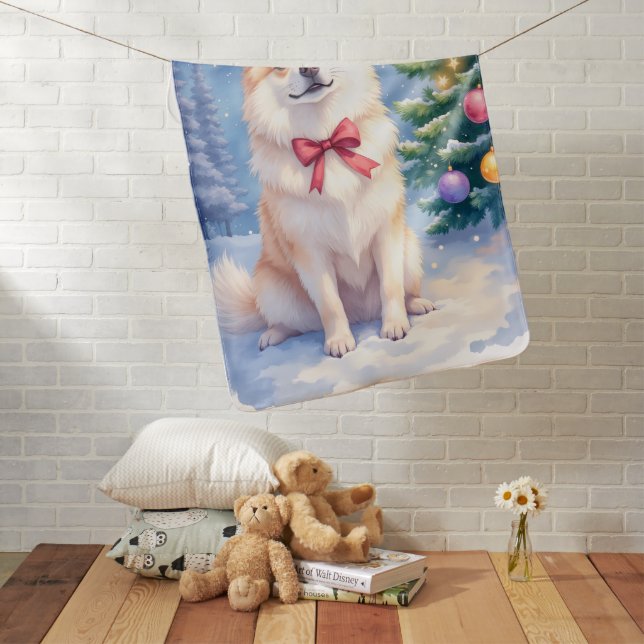 Watercolor American Eskimo Dog Sparkling Christmas Baby Blanket (In Situ)